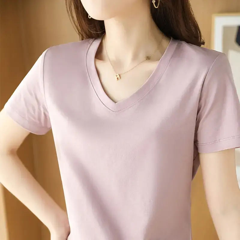 Women's V-neck Cotton T-Shirt Purple Slim Fit - Image 18