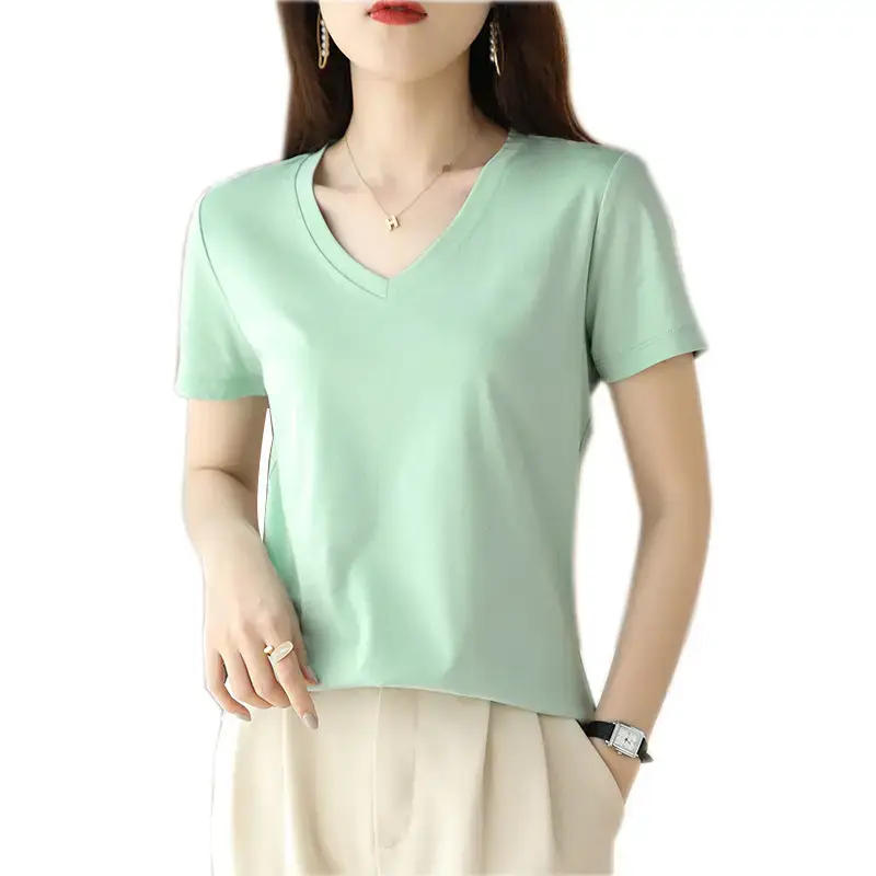 Women's V-neck Cotton T-Shirt Purple Slim Fit - Image 19