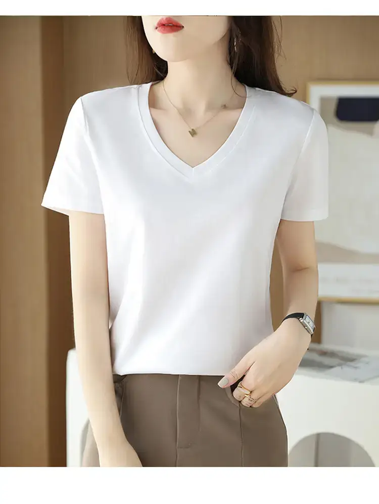 Women's V-neck Cotton T-Shirt Purple Slim Fit — feature 15