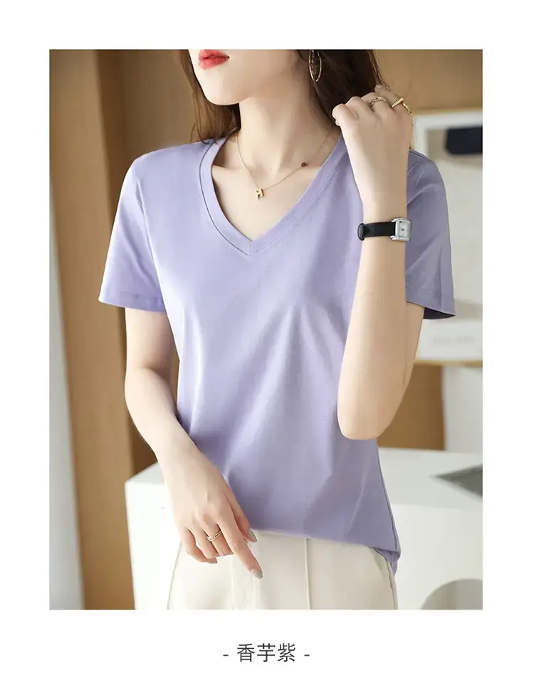 Women's V-neck Cotton T-Shirt Purple Slim Fit — feature 16