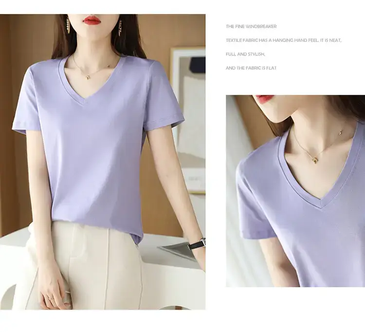 Women's V-neck Cotton T-Shirt Purple Slim Fit — feature 17