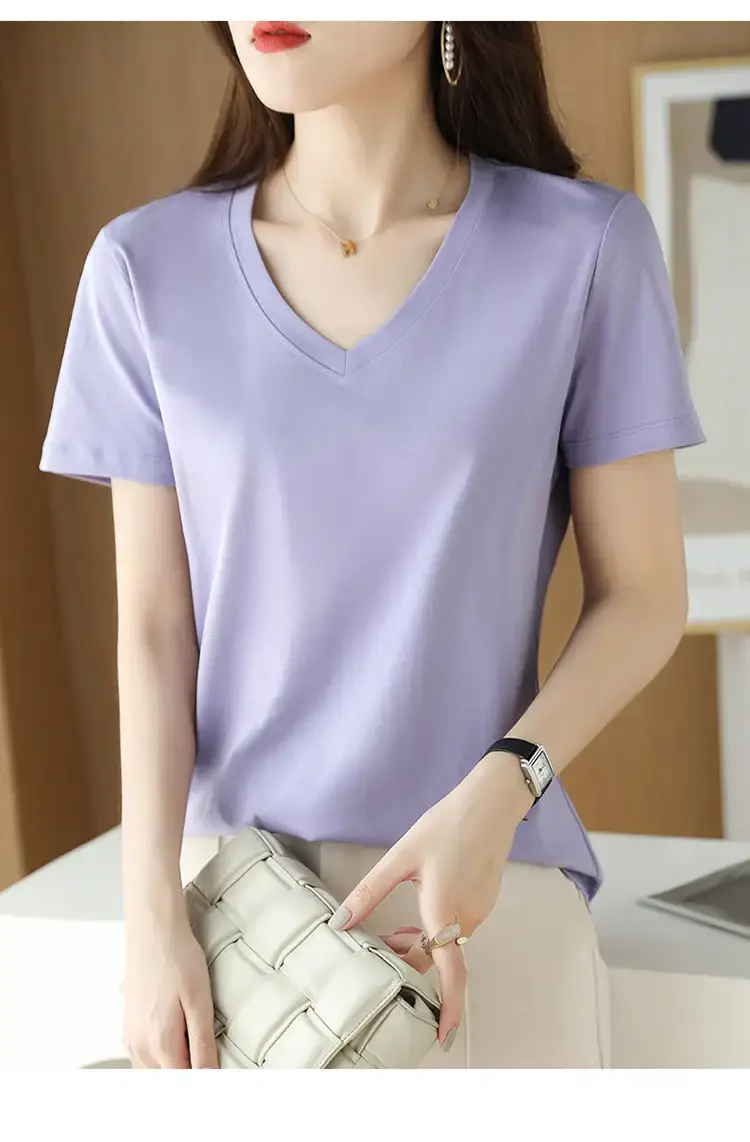 Women's V-neck Cotton T-Shirt Purple Slim Fit — feature 18