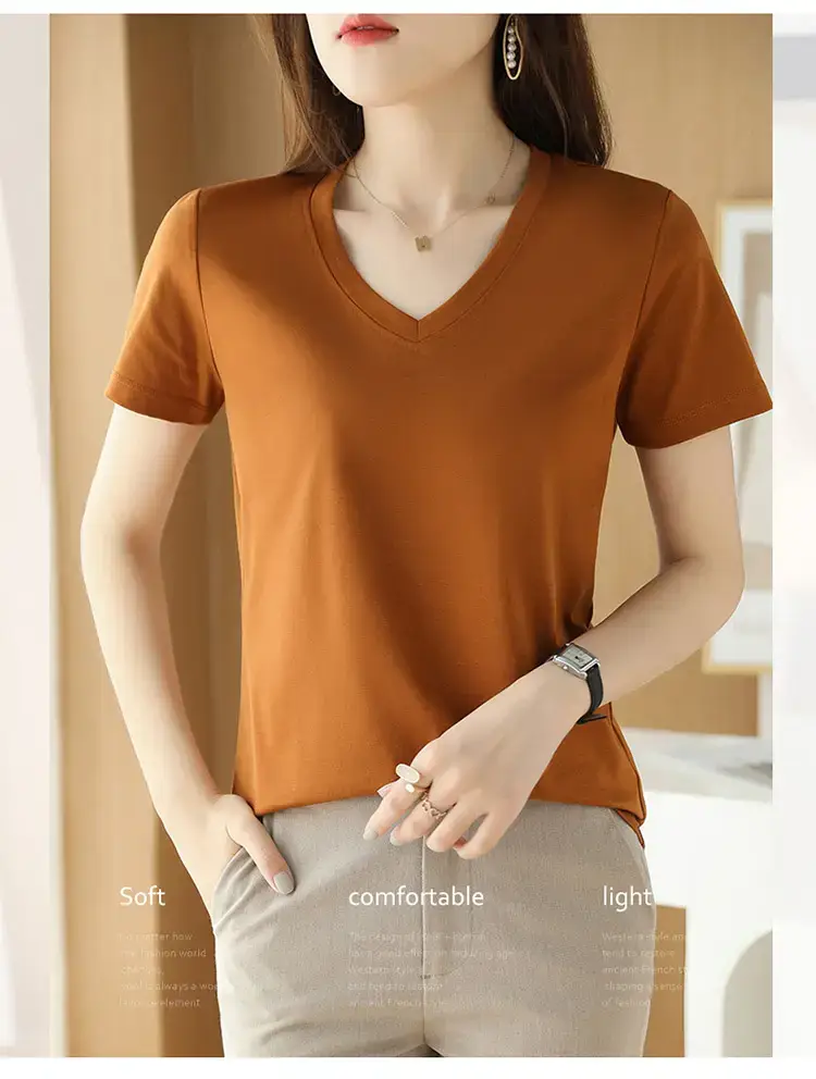Women's V-neck Cotton T-Shirt Purple Slim Fit — feature 2