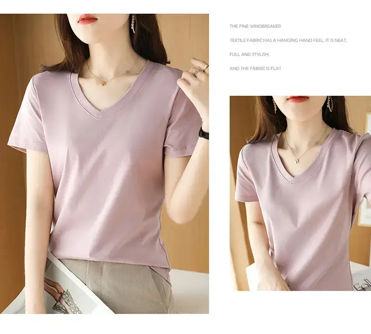 Women's V-neck Cotton T-Shirt Purple Slim Fit — feature 24