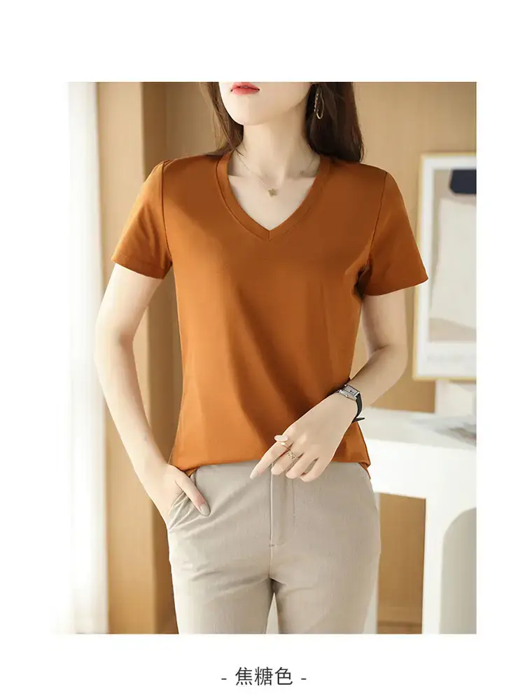 Women's V-neck Cotton T-Shirt Purple Slim Fit — feature 27