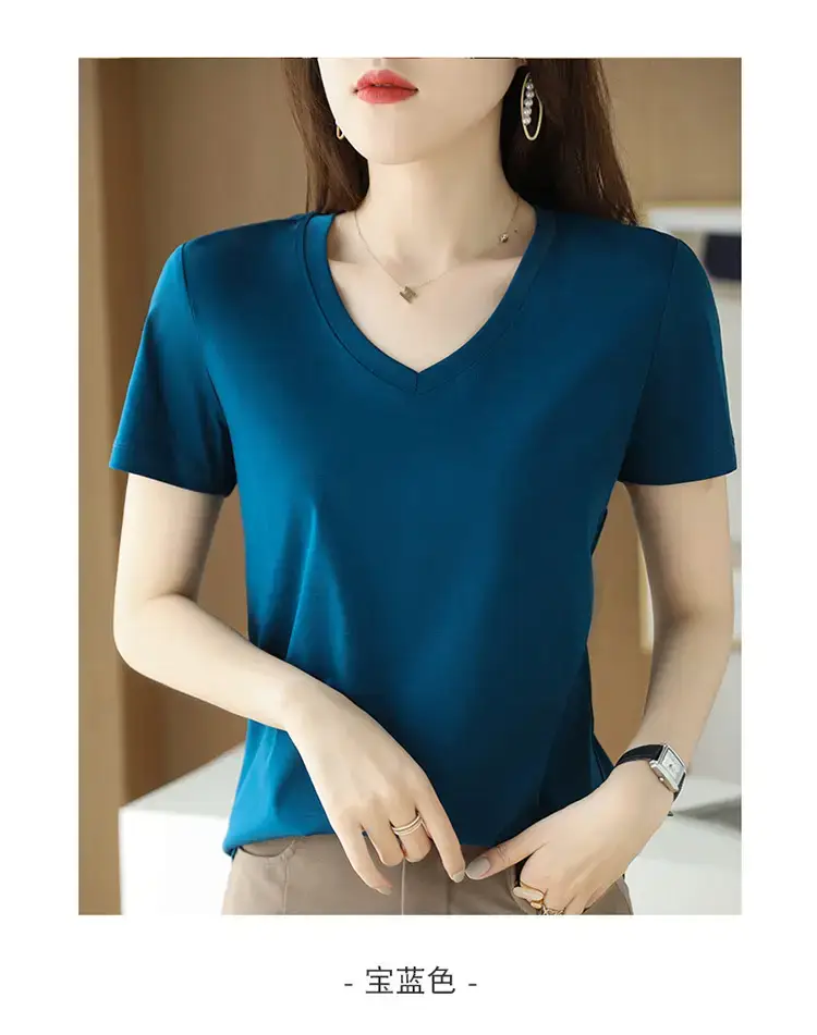 Women's V-neck Cotton T-Shirt Purple Slim Fit — feature 33