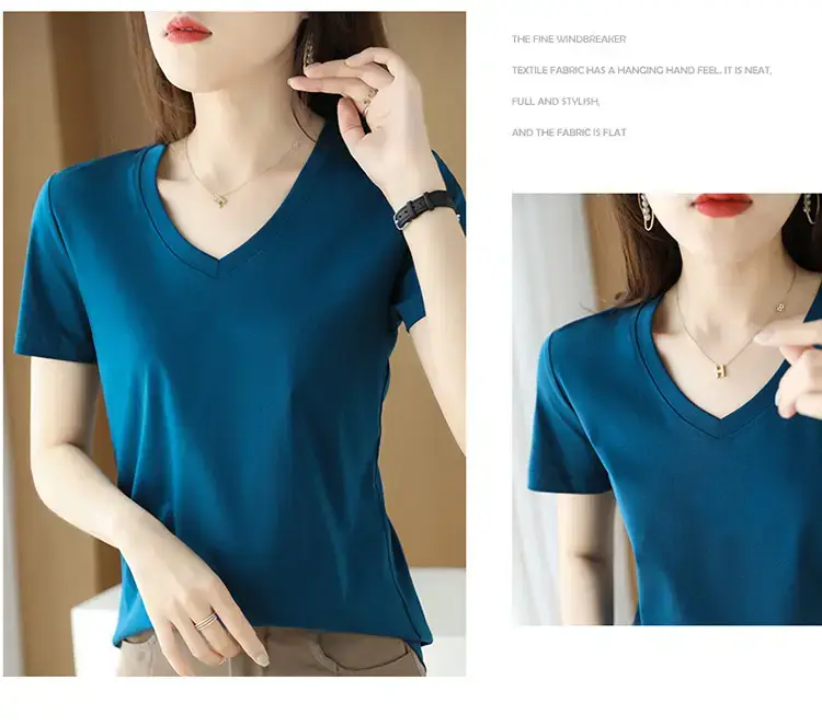 Women's V-neck Cotton T-Shirt Purple Slim Fit — feature 34