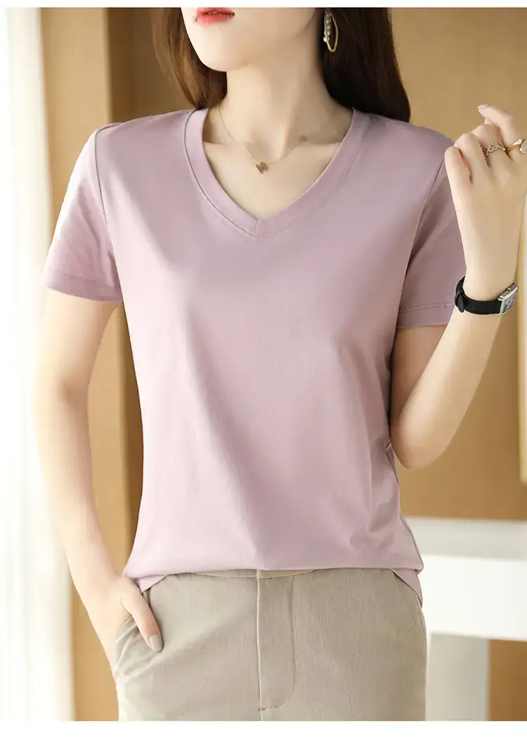 Women's V-neck Cotton T-Shirt Purple Slim Fit — feature 9
