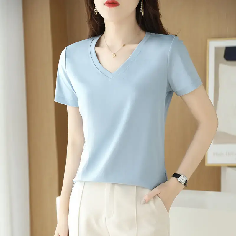 Women's V-neck Cotton T-Shirt Purple Slim Fit - Image 10