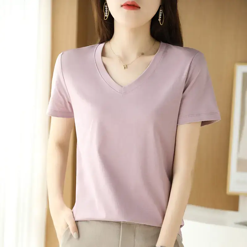Women's V-neck Cotton T-Shirt Purple Slim Fit - Image 11
