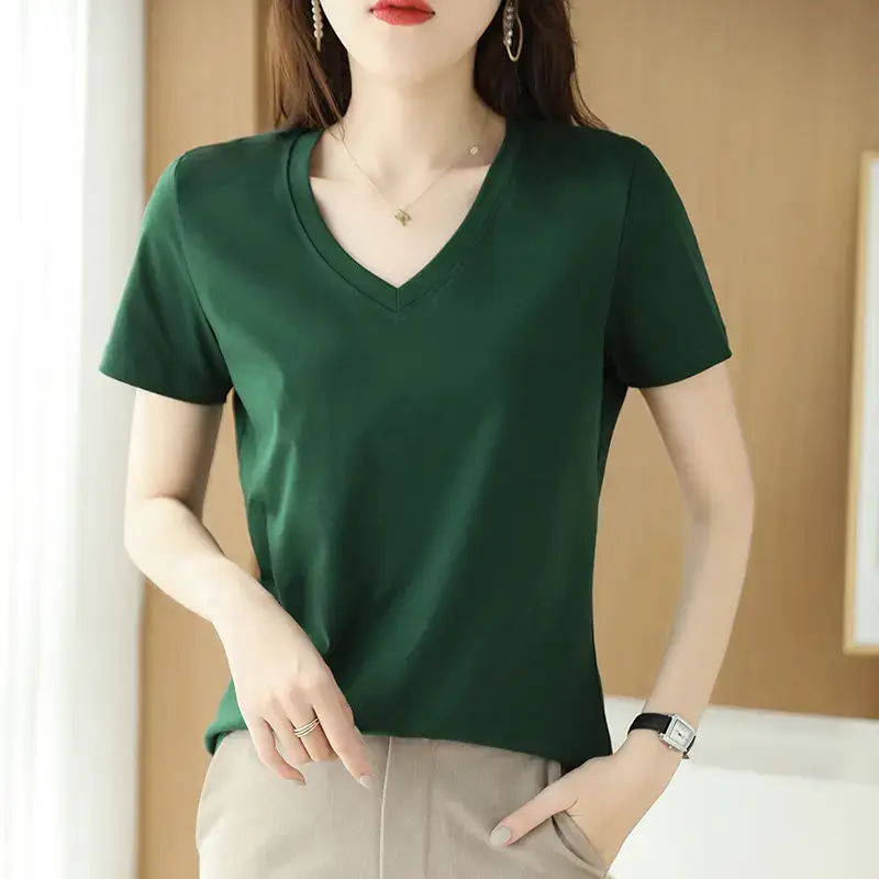 Women's V-neck Cotton T-Shirt Purple Slim Fit - Image 12
