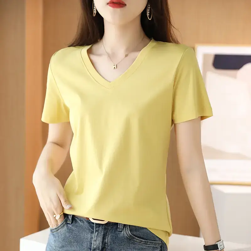 Women's V-neck Cotton T-Shirt Purple Slim Fit - Image 13