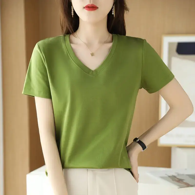 Women's V-neck Cotton T-Shirt Purple Slim Fit - Image 14