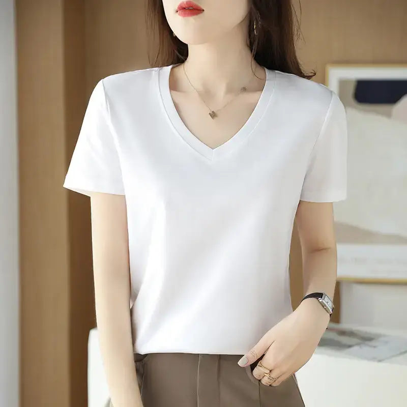 Women's V-neck Cotton T-Shirt Purple Slim Fit - Image 2