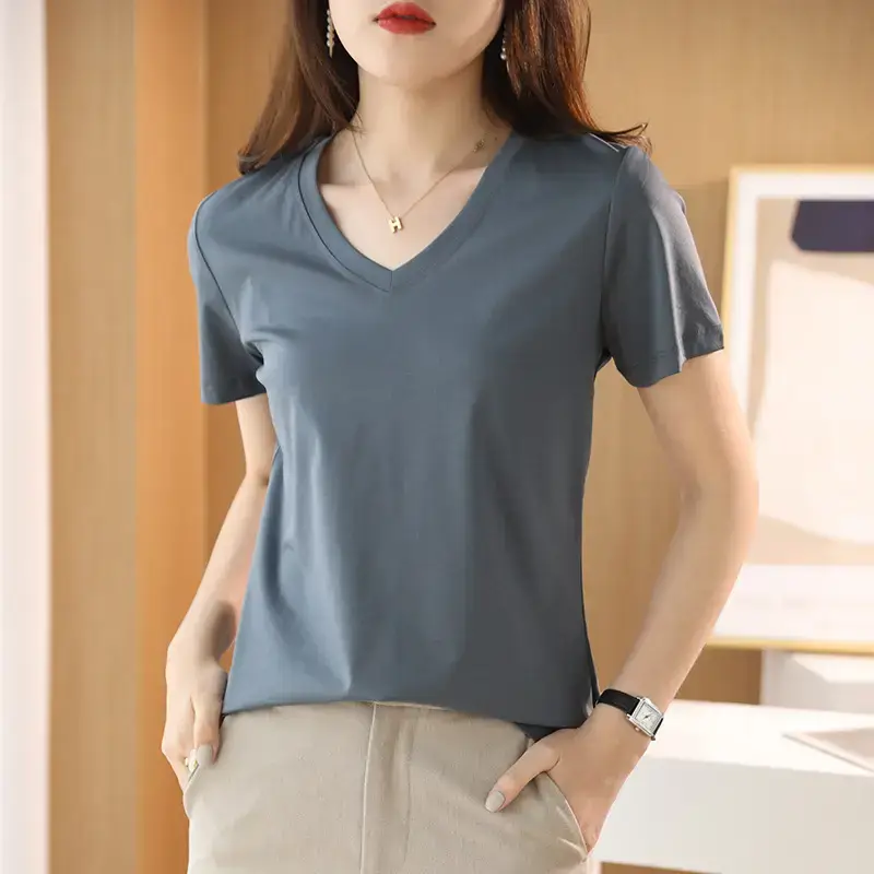 Women's V-neck Cotton T-Shirt Purple Slim Fit - Image 3