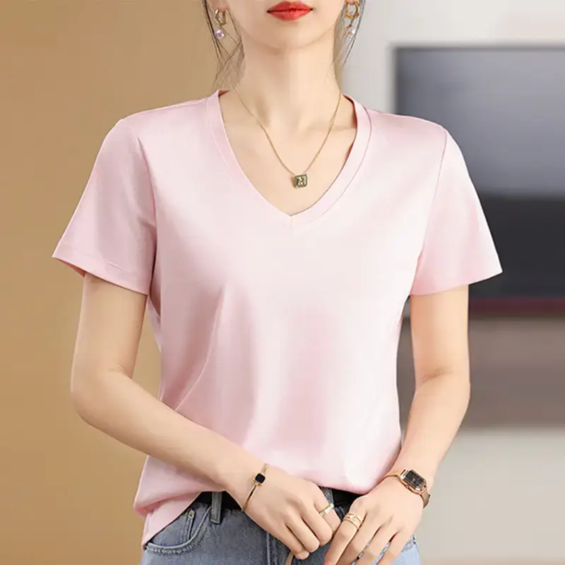 Women's V-neck Cotton T-Shirt Purple Slim Fit - Image 5