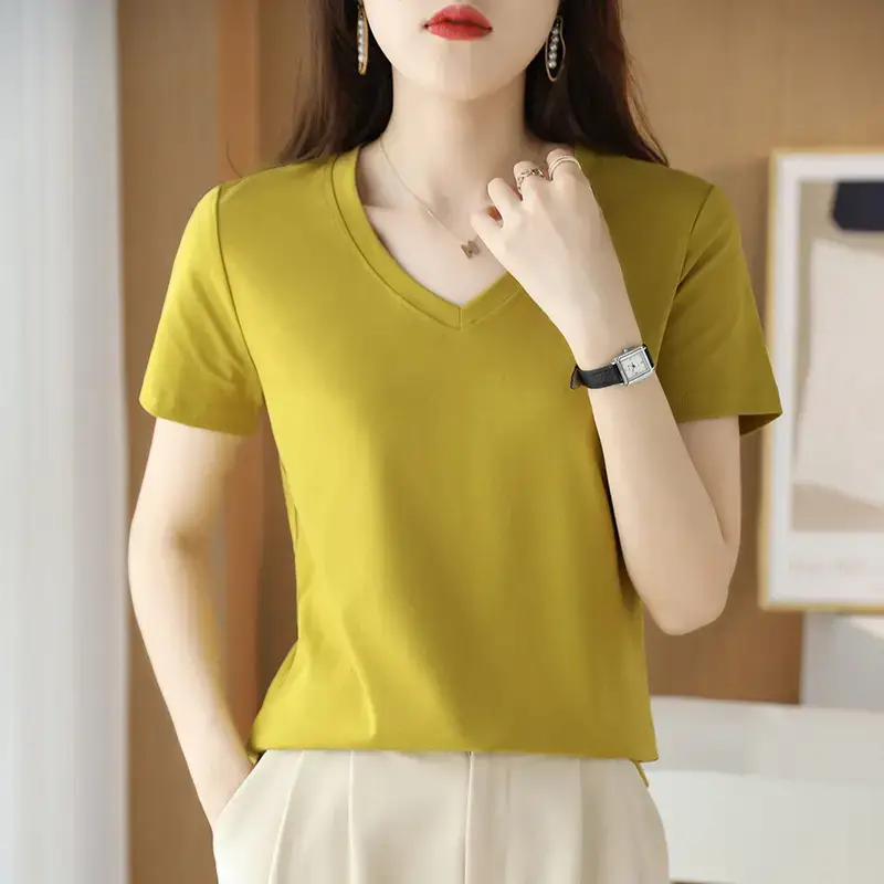 Women's V-neck Cotton T-Shirt Purple Slim Fit - Image 6