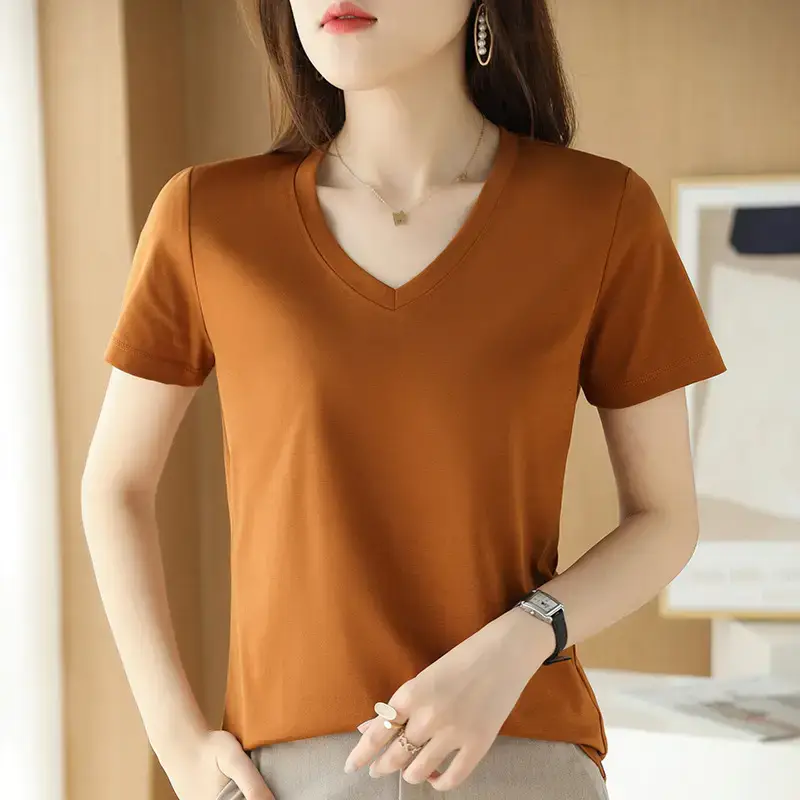 Women's V-neck Cotton T-Shirt Purple Slim Fit - Image 7