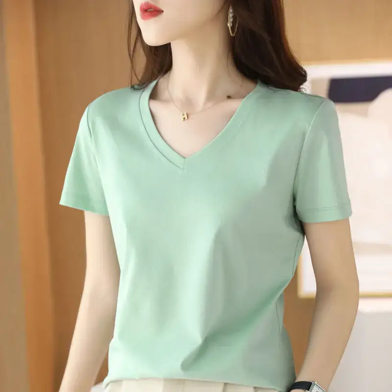Women's V-neck Cotton T-Shirt Purple Slim Fit - Image 8