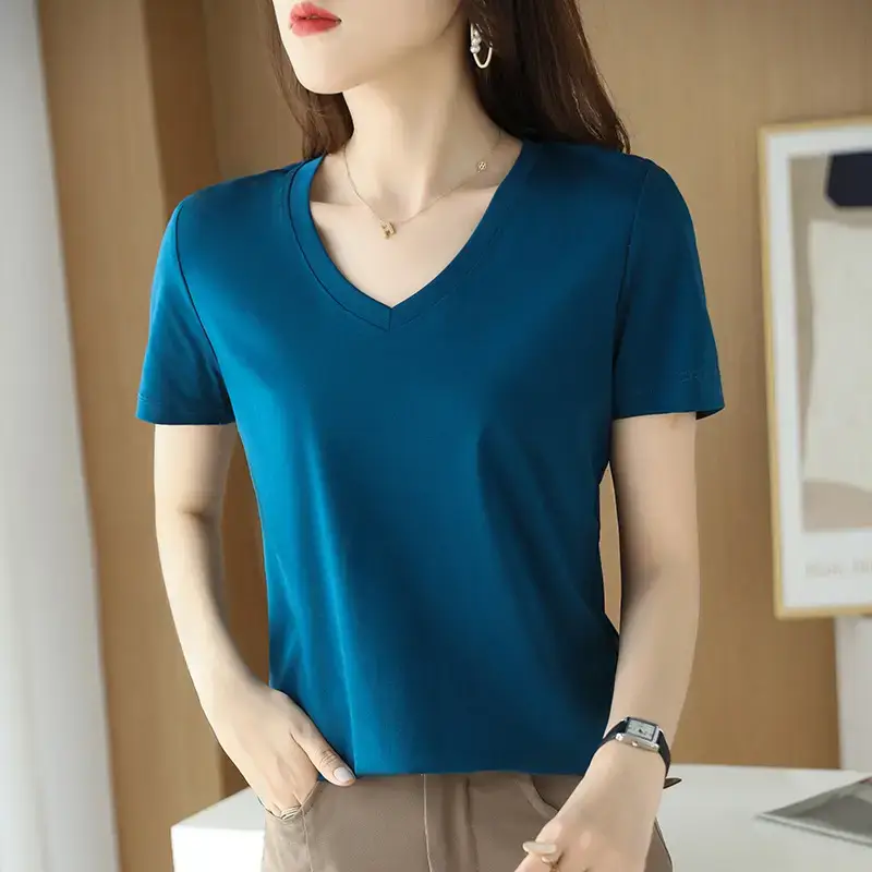Women's V-neck Cotton T-Shirt Purple Slim Fit - Image 9