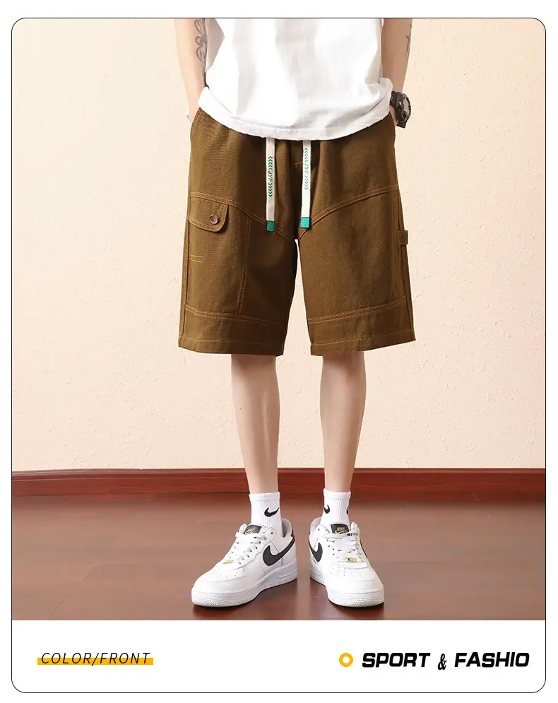 Plus Size Men Drawstring Shorts Green Cotton Casual — feature 15