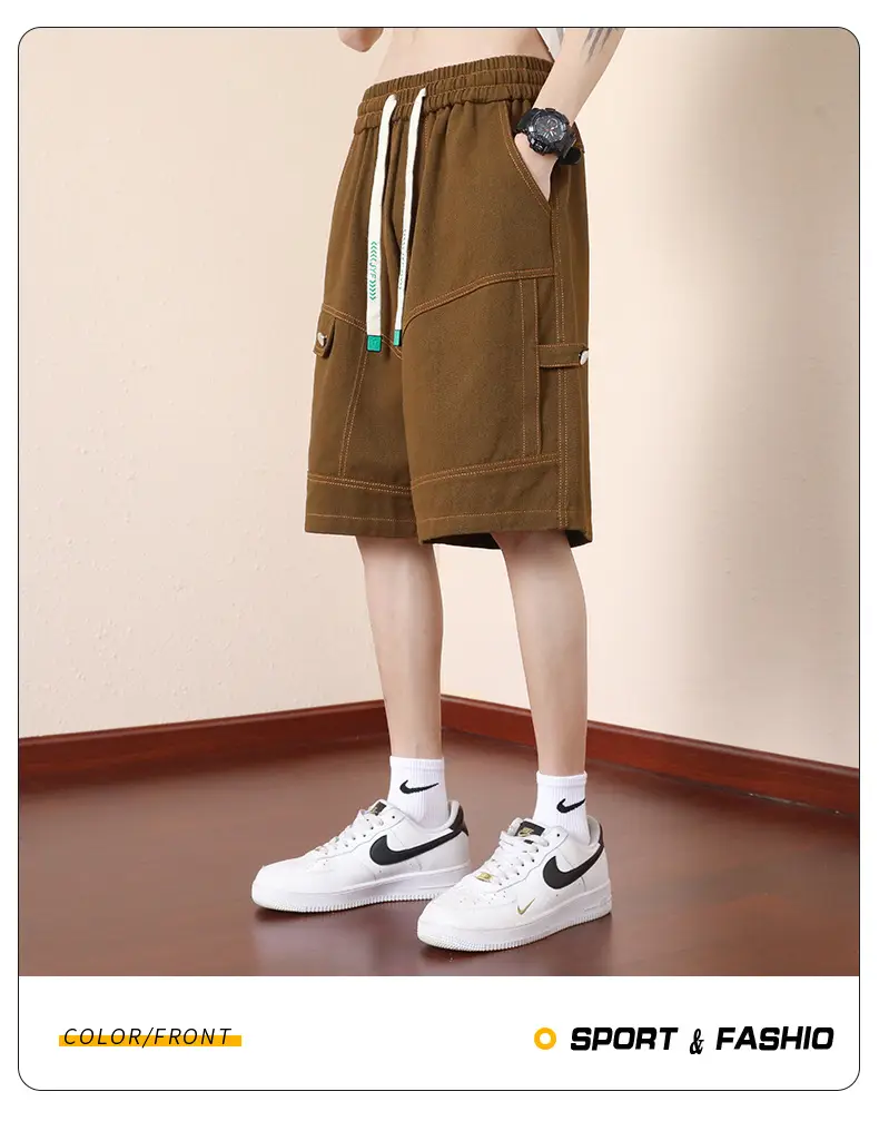 Plus Size Men Drawstring Shorts Green Cotton Casual — feature 16