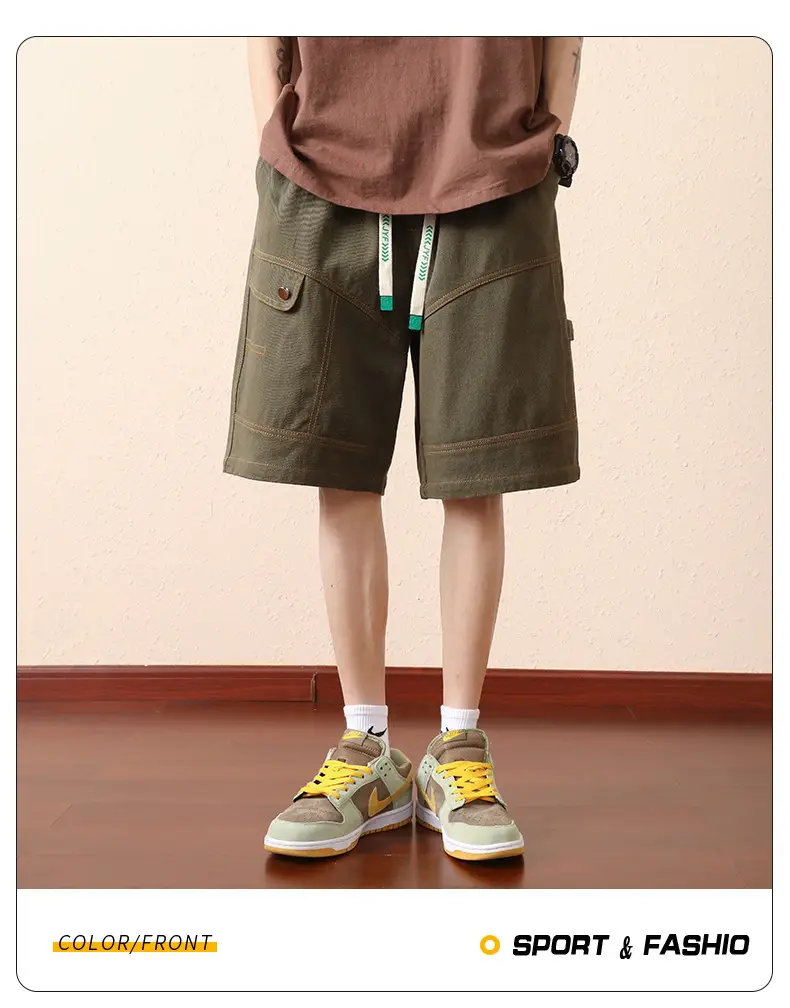Plus Size Men Drawstring Shorts Green Cotton Casual — feature 19