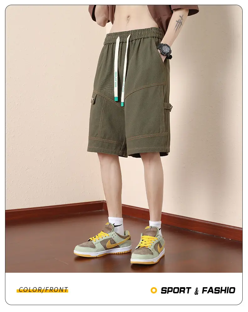 Plus Size Men Drawstring Shorts Green Cotton Casual — feature 21