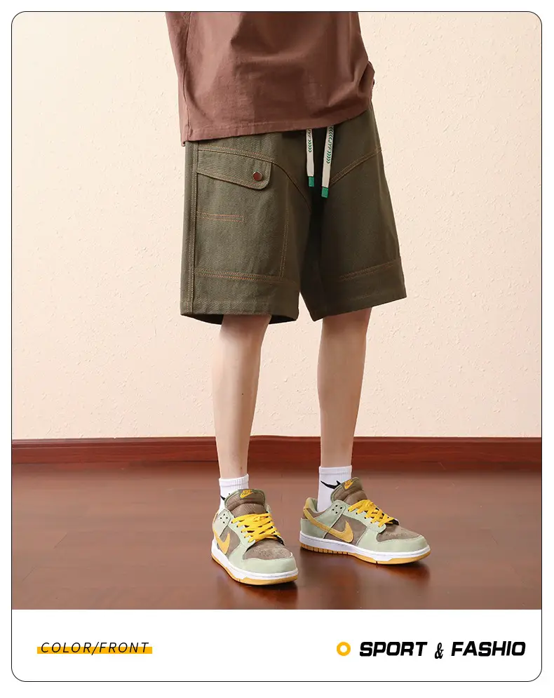 Plus Size Men Drawstring Shorts Green Cotton Casual — feature 22