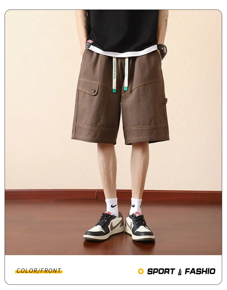 Plus Size Men Drawstring Shorts Green Cotton Casual — feature 23
