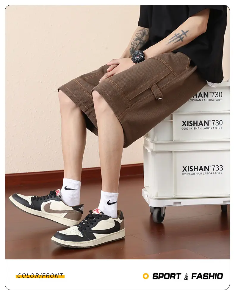Plus Size Men Drawstring Shorts Green Cotton Casual — feature 26
