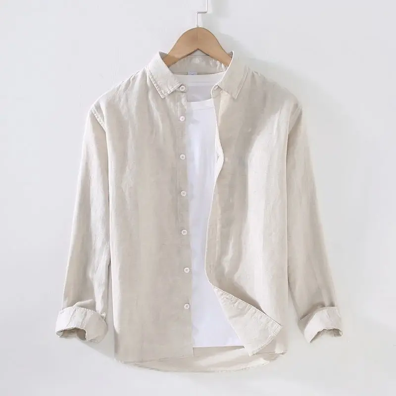 Men's Cream Linen Button-Up Shirt - Image 3