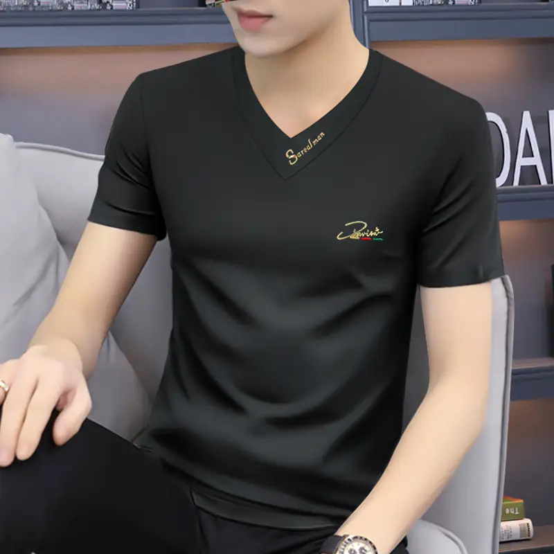 Men V-Neck Short Sleeve T-Shirt Black - Image 9