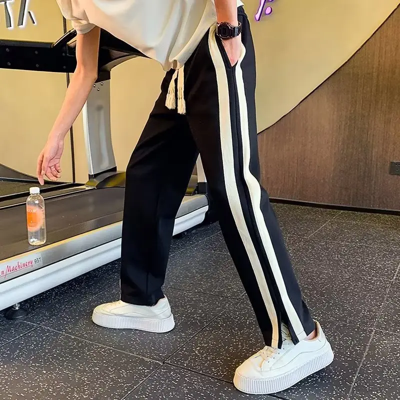 Men Korean Style Loose Casual Pants Black White Stripes