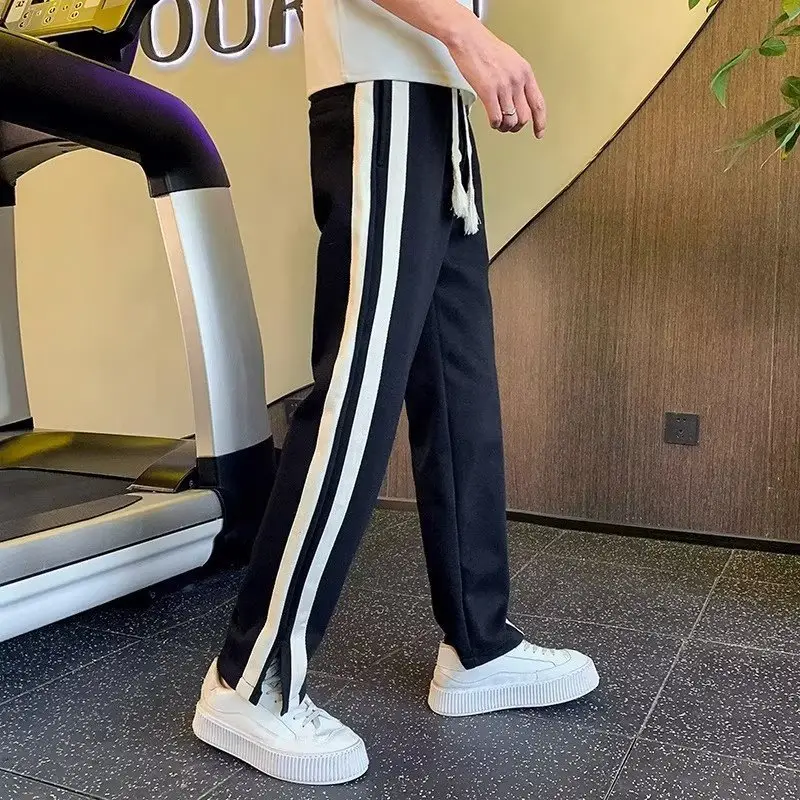 Men Korean Style Loose Casual Pants Black White Stripes - Image 6