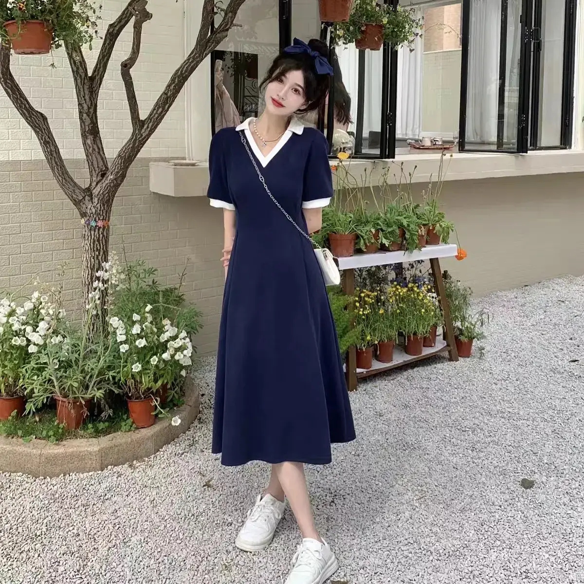 Women V-Neck A-Line Dress Navy Blue 2025 Summer - Image 3