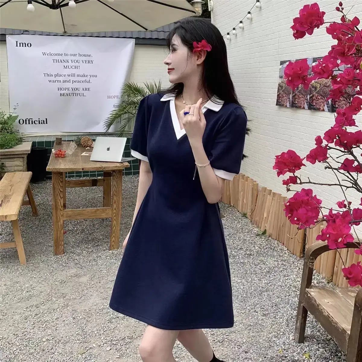 Women V-Neck A-Line Dress Navy Blue 2025 Summer - Image 5