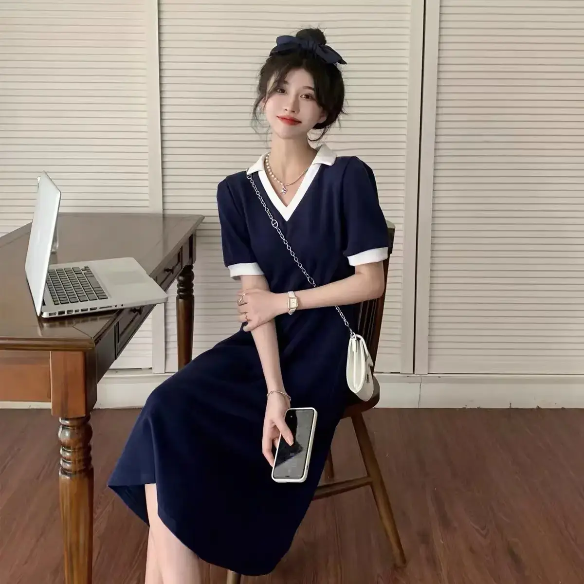 Women V-Neck A-Line Dress Navy Blue 2025 Summer - Image 6