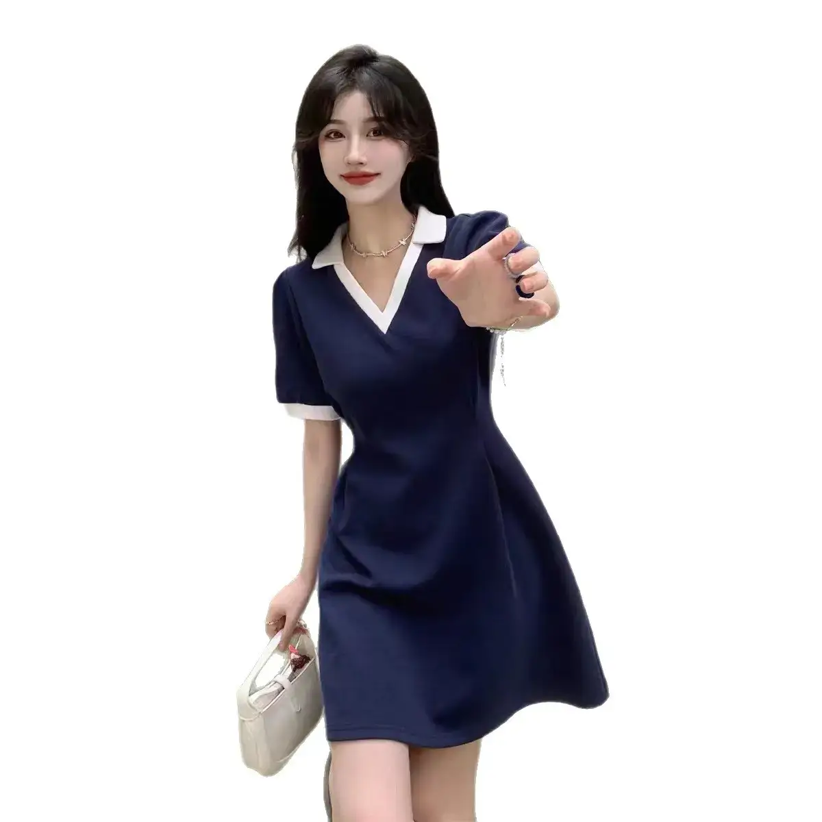 Women V-Neck A-Line Dress Navy Blue 2025 Summer - Image 7