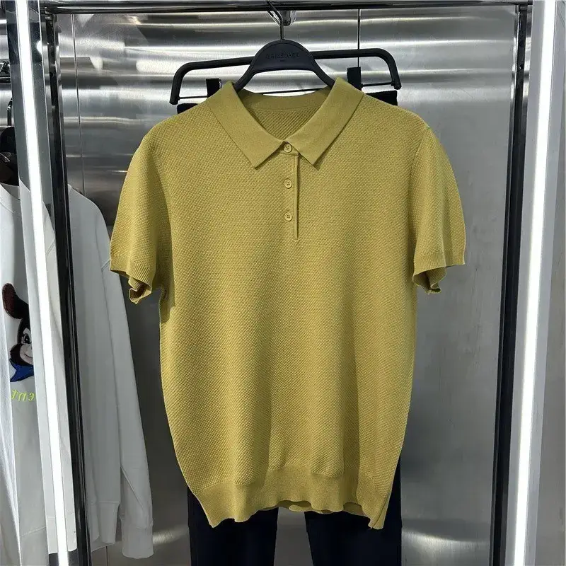 Men's Knitted Polo T-Shirt Yellow 2023 Summer - Image 6