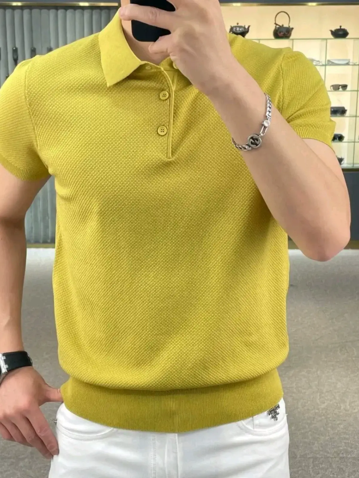 Men's Knitted Polo T-Shirt Yellow 2023 Summer — feature 7