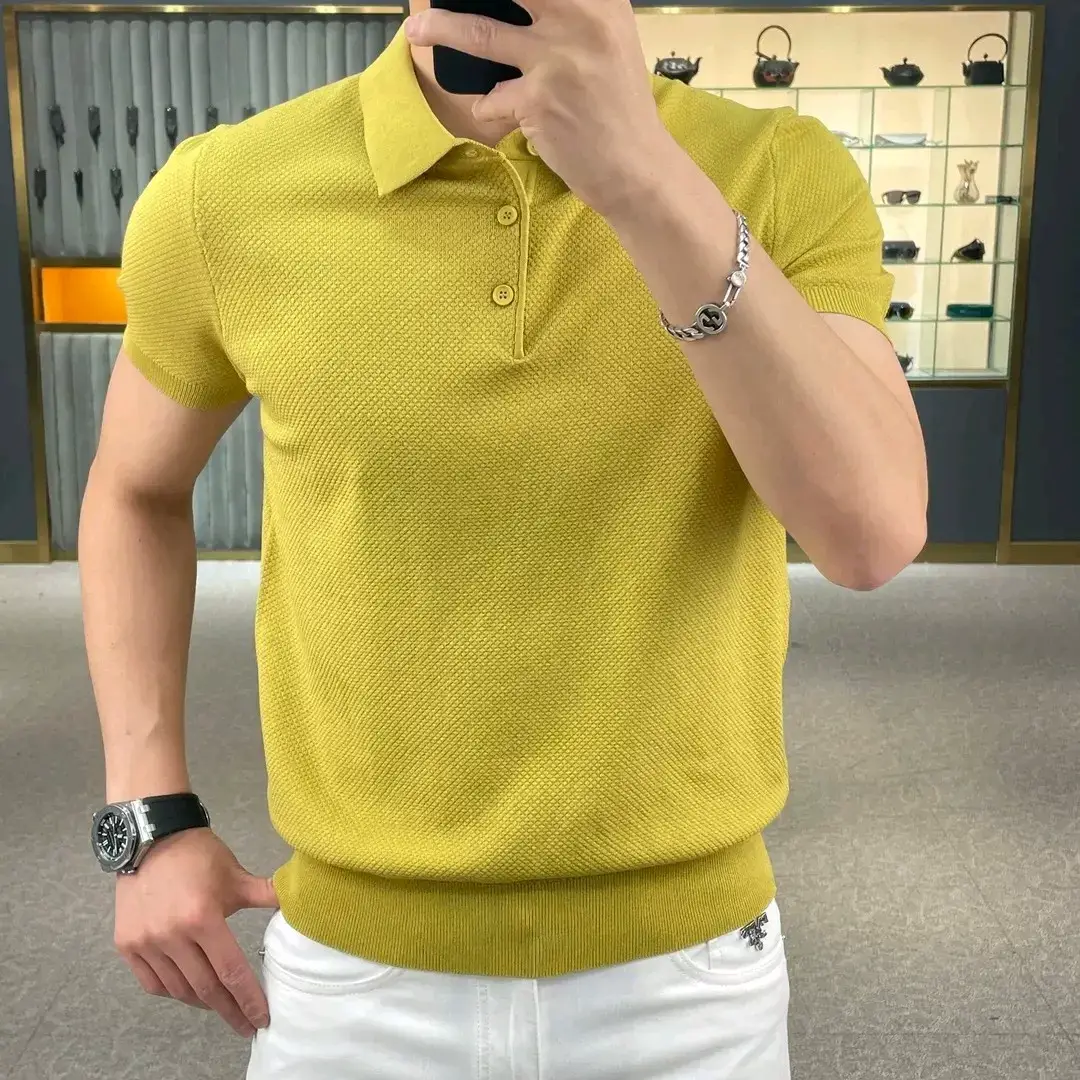 Men's Knitted Polo T-Shirt Yellow 2023 Summer — feature 9