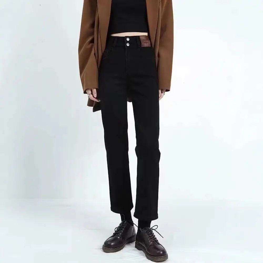 Fleece Lined Thick Black Straight Leg Jeans for Petite Women - Image 4
