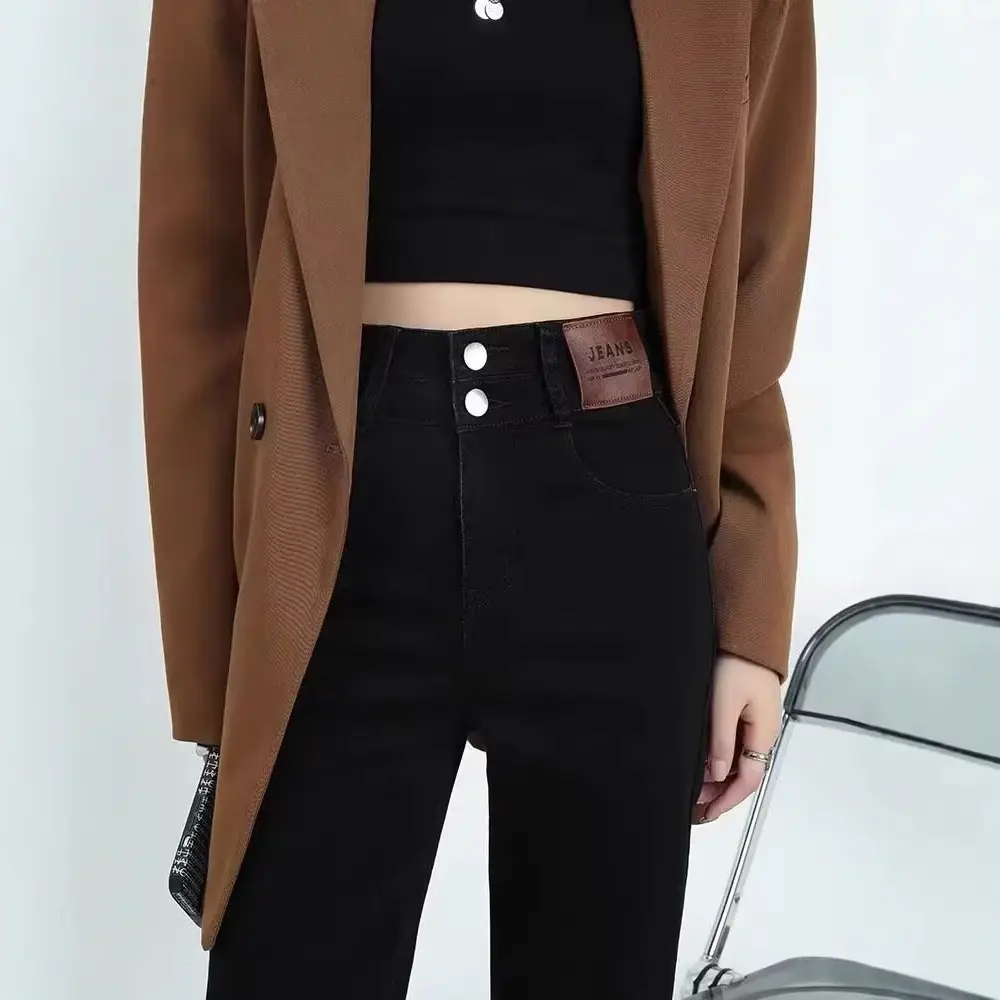 Fleece Lined Thick Black Straight Leg Jeans for Petite Women - Image 5