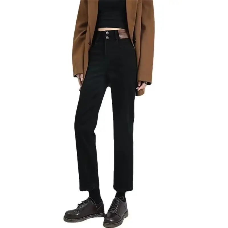 Fleece Lined Thick Black Straight Leg Jeans for Petite Women - Image 6