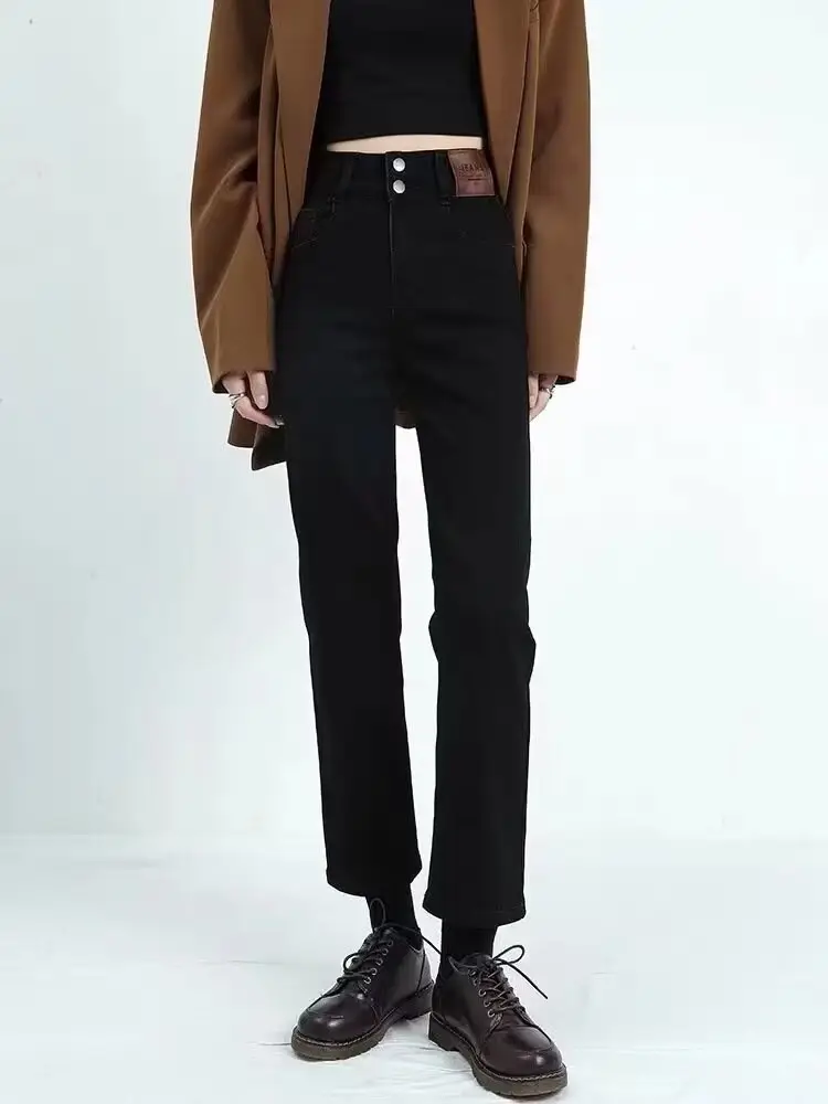 Fleece Lined Thick Black Straight Leg Jeans for Petite Women — feature 4