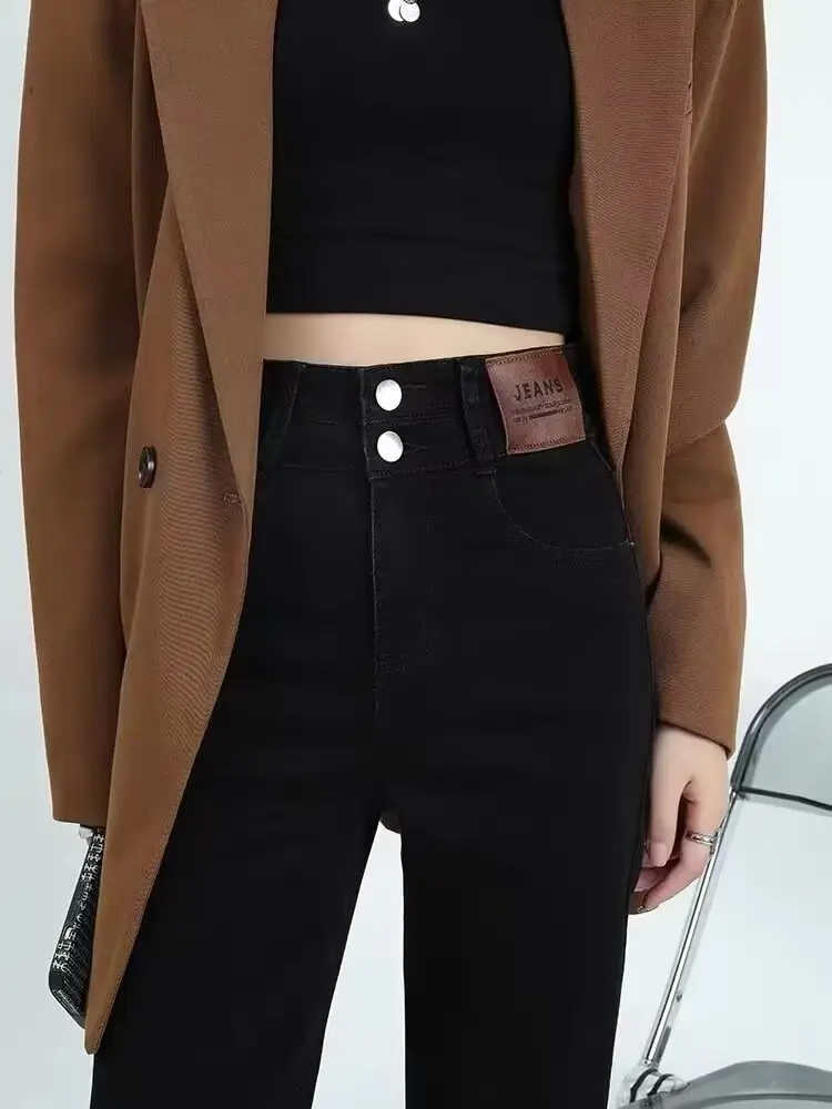 Fleece Lined Thick Black Straight Leg Jeans for Petite Women — feature 5