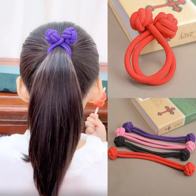 Pink Knotted Rubber Hair Band Double Head Rope — feature 27