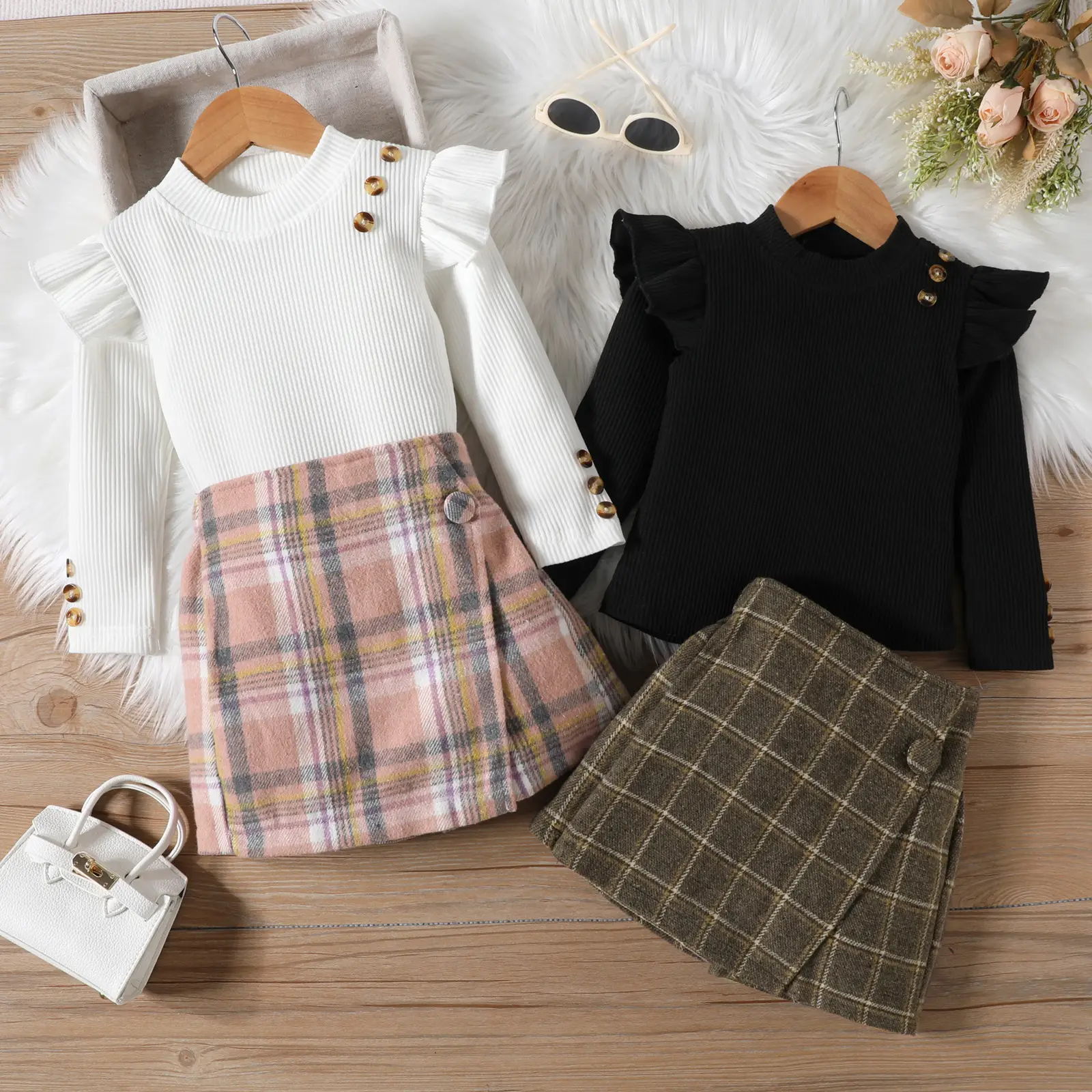 Girls Plaid Skirt Set Red Long Sleeve Winter — feature 3