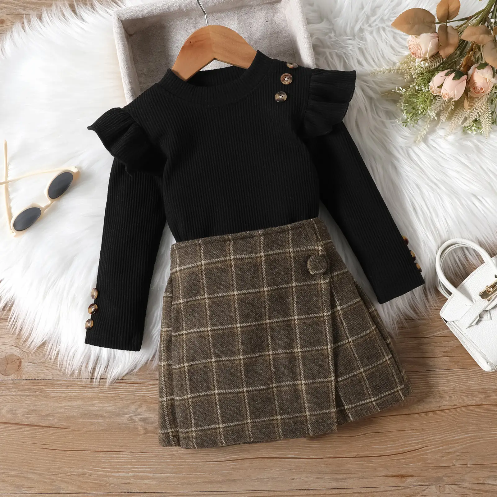 Girls Plaid Skirt Set Red Long Sleeve Winter — feature 4